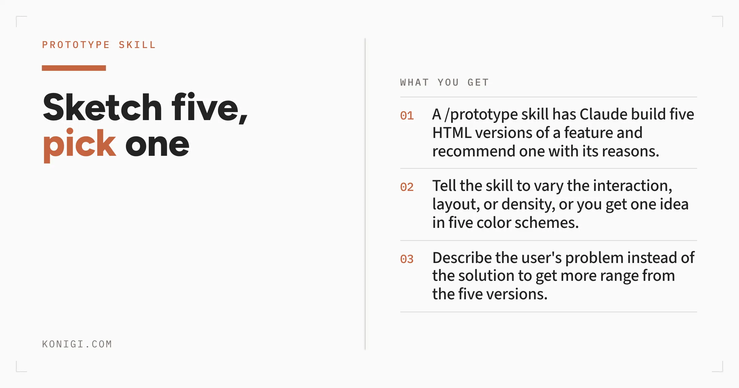 Share card: Sketch five, pick one, with the article's three takeaways.