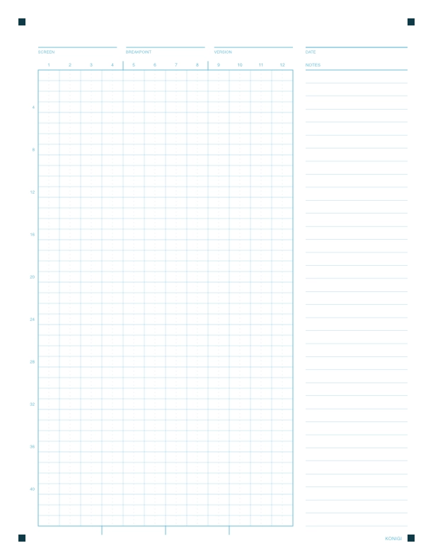 Tall portrait sketch grid: twelve narrow columns running roughly forty-four rows deep, with a ruled notes column down the right side.