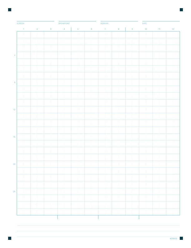 Portrait sketch grid: twelve columns, twenty-six rows, header fields across the top and three ruled note lines at the bottom.